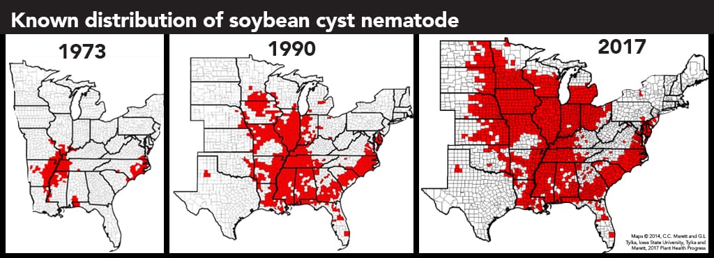 Known distribution of soybean cyst nematode 1973-2017